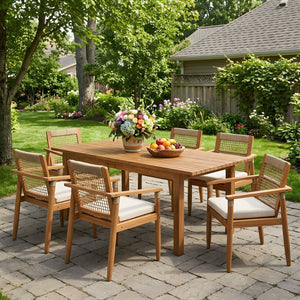 English Elm 7 Piece Acacia Outdoor Dining Set Handwoven Rope Back Chairs Extendable Teak Table N762P467423D_N762P386379D6
