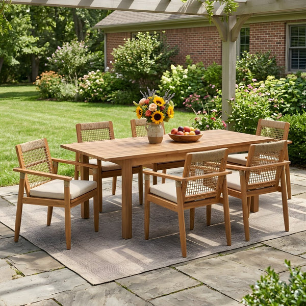 English Elm 7 Piece Acacia Outdoor Dining Set Handwoven Rope Back Chairs Extendable Teak Table N762P467423D_N762P386379D6