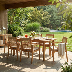 English Elm 7 Piece Acacia Outdoor Dining Set Handwoven Rope Back Chairs Extendable Teak Table N762P467423D_N762P386379D6