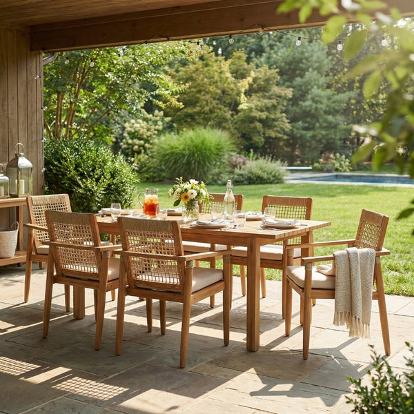 English Elm 7 Piece Acacia Outdoor Dining Set Handwoven Rope Back Chairs Extendable Teak Table N762P467423D_N762P386379D6