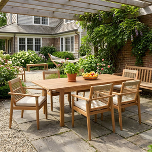 English Elm 7 Piece Acacia Outdoor Dining Set Handwoven Rope Back Chairs Extendable Teak Table N762P467423D_N762P386379D6