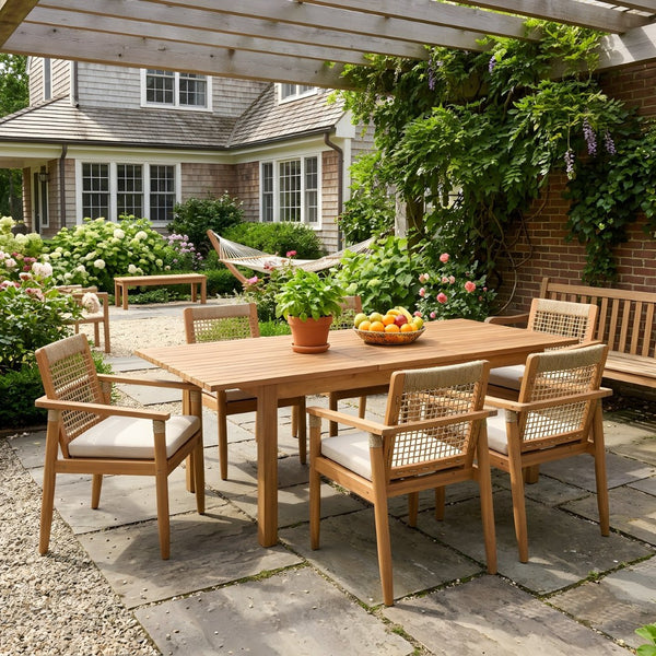 English Elm 7 Piece Acacia Outdoor Dining Set Handwoven Rope Back Chairs Extendable Teak Table N762P467423D_N762P386379D6