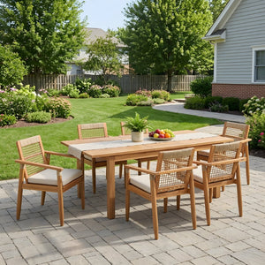 English Elm 7 Piece Acacia Outdoor Dining Set Handwoven Rope Back Chairs Extendable Teak Table N762P467423D_N762P386379D6