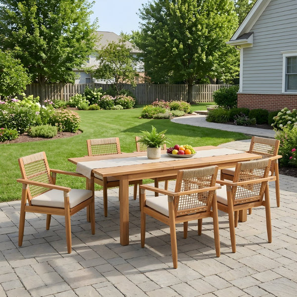 English Elm 7 Piece Acacia Outdoor Dining Set Handwoven Rope Back Chairs Extendable Teak Table N762P467423D_N762P386379D6