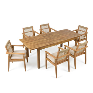 English Elm 7 Piece Acacia Outdoor Dining Set Handwoven Rope Back Chairs Extendable Teak Table N762P467423D_N762P386379D6
