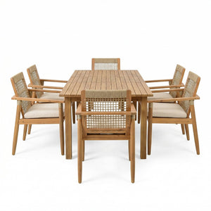 English Elm 7 Piece Acacia Outdoor Dining Set Handwoven Rope Back Chairs Extendable Teak Table N762P467423D_N762P386379D6