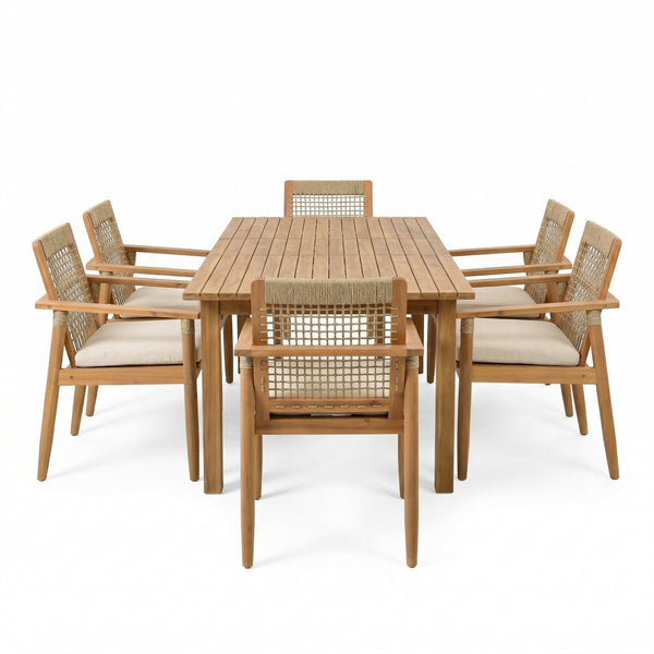 English Elm 7 Piece Acacia Outdoor Dining Set Handwoven Rope Back Chairs Extendable Teak Table N762P467423D_N762P386379D6