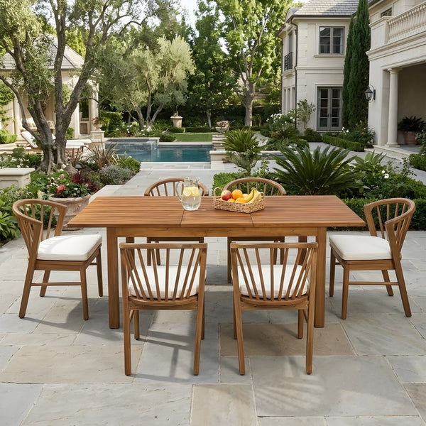 English Elm 7 Piece Solid Acacia Outdoor Dining Set Windsor Spindle Chairs Extendable Teak Table N762P467423D_N762P389932A6