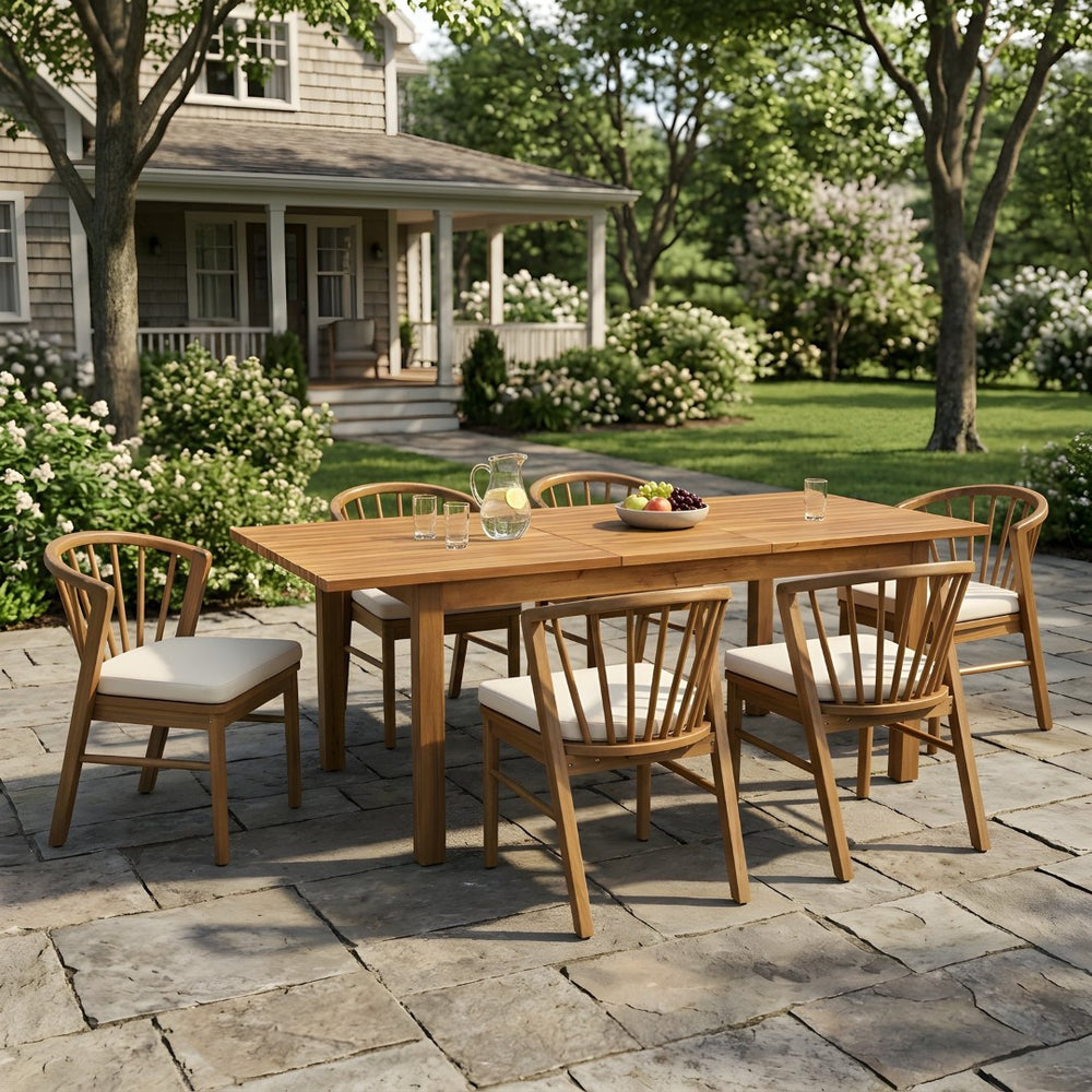 English Elm 7 Piece Solid Acacia Outdoor Dining Set Windsor Spindle Chairs Extendable Teak Table N762P467423D_N762P389932A6