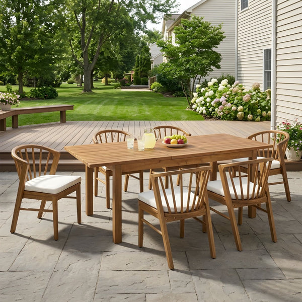 English Elm 7 Piece Solid Acacia Outdoor Dining Set Windsor Spindle Chairs Extendable Teak Table N762P467423D_N762P389932A6