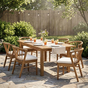 English Elm 7 Piece Solid Acacia Outdoor Dining Set Windsor Spindle Chairs Extendable Teak Table N762P467423D_N762P389932A6