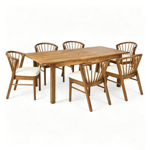 English Elm 7 Piece Solid Acacia Outdoor Dining Set Windsor Spindle Chairs Extendable Teak Table N762P467423D_N762P389932A6