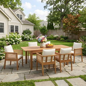 English Elm 7 Piece Solid Acacia Outdoor Dining Set with Extendable Table and Wicker Chairs Teak N762P467423D_N762P403831T6