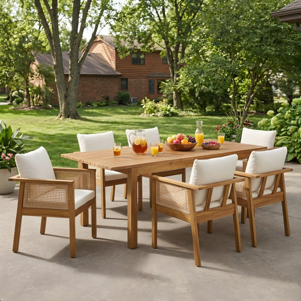 English Elm 7 Piece Solid Acacia Outdoor Dining Set with Extendable Table and Wicker Chairs Teak N762P467423D_N762P403831T6
