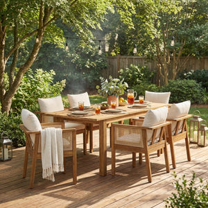 English Elm 7 Piece Solid Acacia Outdoor Dining Set with Extendable Table and Wicker Chairs Teak N762P467423D_N762P403831T6