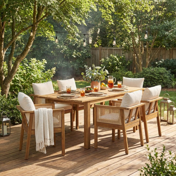 English Elm 7 Piece Solid Acacia Outdoor Dining Set with Extendable Table and Wicker Chairs Teak N762P467423D_N762P403831T6