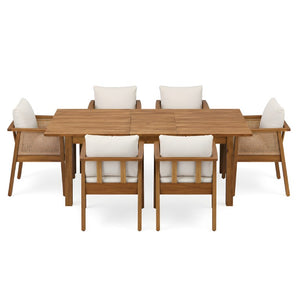 English Elm 7 Piece Solid Acacia Outdoor Dining Set with Extendable Table and Wicker Chairs Teak N762P467423D_N762P403831T6