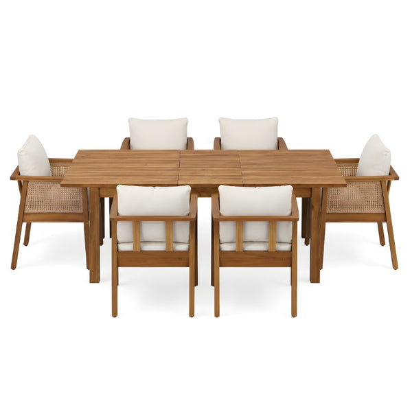 English Elm 7 Piece Solid Acacia Outdoor Dining Set with Extendable Table and Wicker Chairs Teak N762P467423D_N762P403831T6