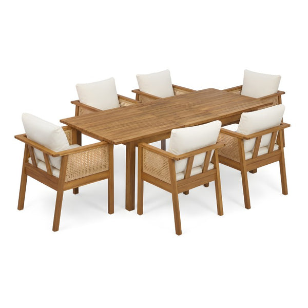 English Elm 7 Piece Solid Acacia Outdoor Dining Set with Extendable Table and Wicker Chairs Teak N762P467423D_N762P403831T6
