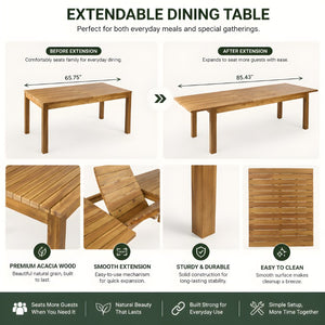 English Elm 7 Piece Solid Acacia Outdoor Dining Set with Extendable Table and Wicker Chairs Teak N762P467423D_N762P403831T6