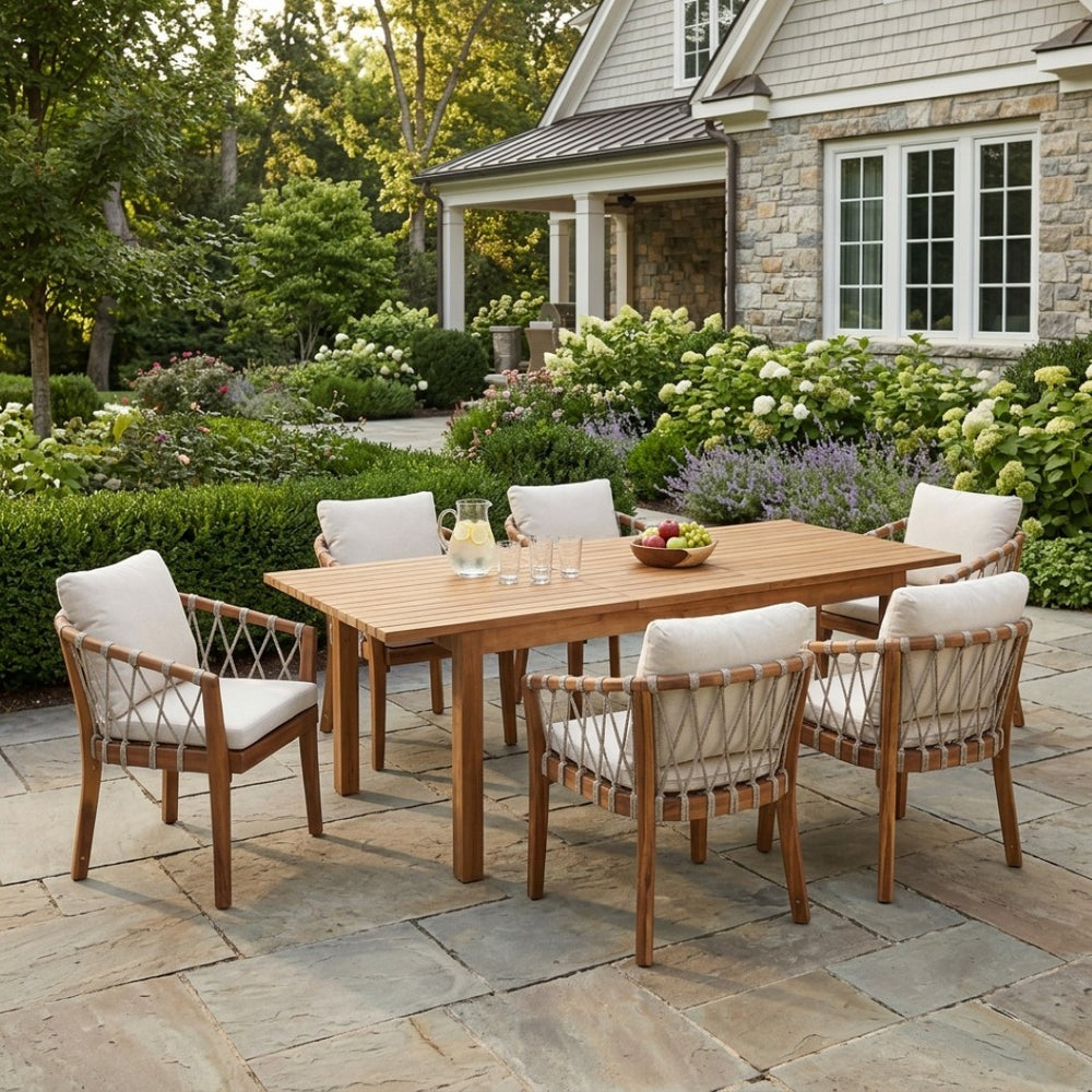 English Elm 7 Piece Solid Acacia Outdoor Dining Set Expandable Teak Table Rope Woven Chairs N762P467423D_N762P411561D6