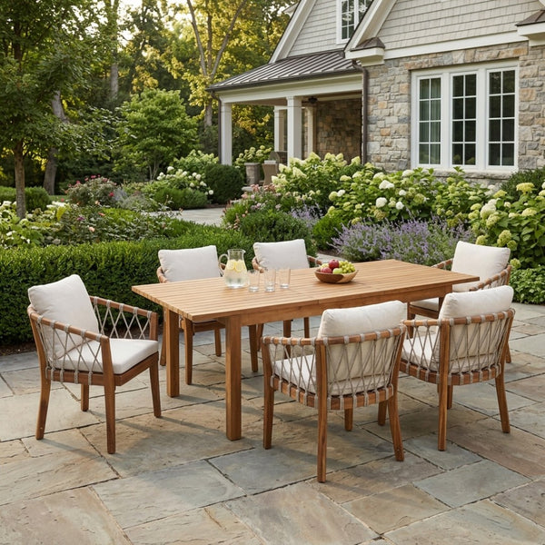 English Elm 7 Piece Solid Acacia Outdoor Dining Set Expandable Teak Table Rope Woven Chairs N762P467423D_N762P411561D6