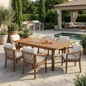 English Elm 7 Piece Solid Acacia Outdoor Dining Set Expandable Teak Table Rope Woven Chairs N762P467423D_N762P411561D6