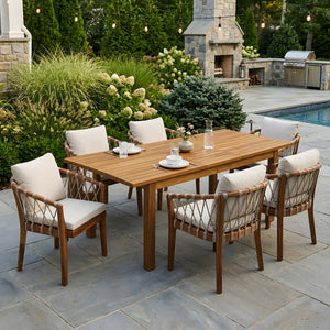 English Elm 7 Piece Solid Acacia Outdoor Dining Set Expandable Teak Table Rope Woven Chairs N762P467423D_N762P411561D6