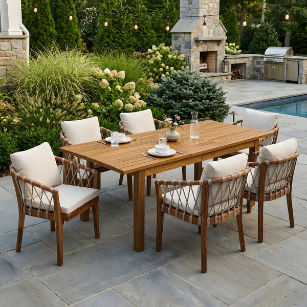 English Elm 7 Piece Solid Acacia Outdoor Dining Set Expandable Teak Table Rope Woven Chairs N762P467423D_N762P411561D6