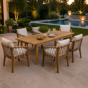 English Elm 7 Piece Solid Acacia Outdoor Dining Set Expandable Teak Table Rope Woven Chairs N762P467423D_N762P411561D6