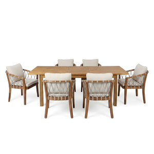English Elm 7 Piece Solid Acacia Outdoor Dining Set Expandable Teak Table Rope Woven Chairs N762P467423D_N762P411561D6