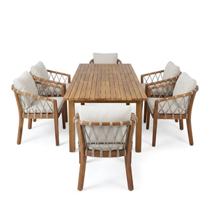 English Elm 7 Piece Solid Acacia Outdoor Dining Set Expandable Teak Table Rope Woven Chairs N762P467423D_N762P411561D6