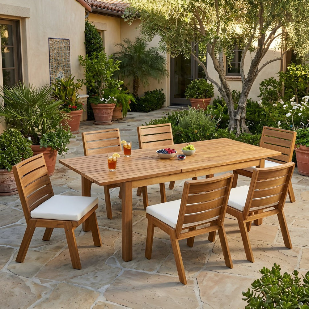 English Elm 7 Piece Solid Acacia Outdoor Dining Set with Extendable Teak Table and Six Chairs N762P467423D_N762P455540D6