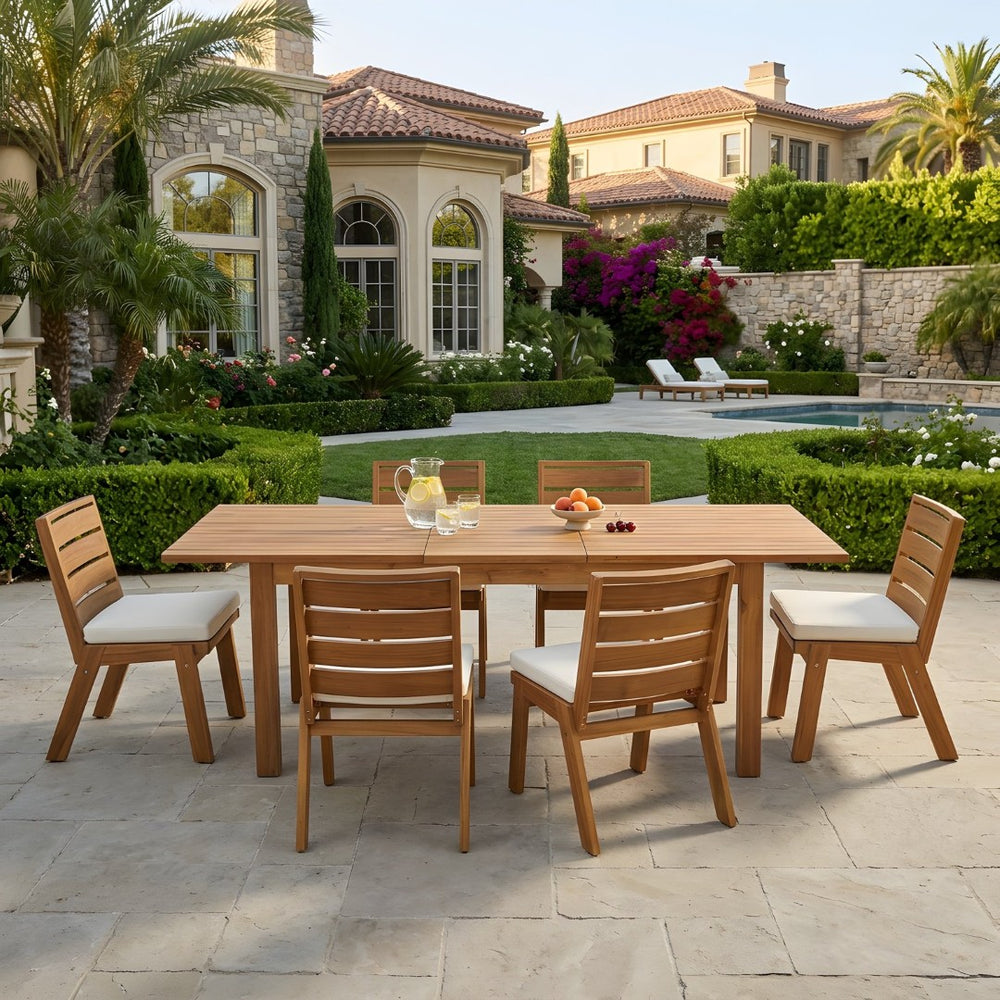 English Elm 7 Piece Solid Acacia Outdoor Dining Set with Extendable Teak Table and Six Chairs N762P467423D_N762P455540D6