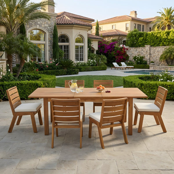 English Elm 7 Piece Solid Acacia Outdoor Dining Set with Extendable Teak Table and Six Chairs N762P467423D_N762P455540D6