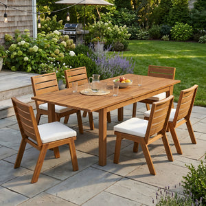 English Elm 7 Piece Solid Acacia Outdoor Dining Set with Extendable Teak Table and Six Chairs N762P467423D_N762P455540D6
