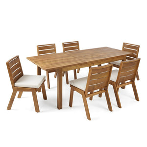 English Elm 7 Piece Solid Acacia Outdoor Dining Set with Extendable Teak Table and Six Chairs N762P467423D_N762P455540D6