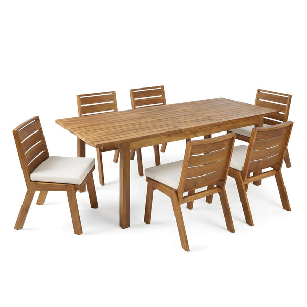 English Elm 7 Piece Solid Acacia Outdoor Dining Set with Extendable Teak Table and Six Chairs N762P467423D_N762P455540D6