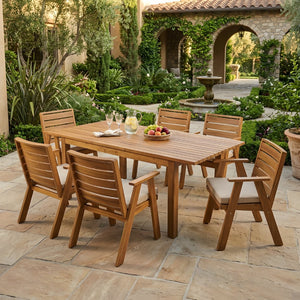 English Elm 7 Piece Solid Acacia Expandable Outdoor Dining Set with Teak Finish and Cushioned Chairs N762P467423D_N762P455581D6