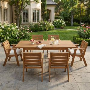 English Elm 7 Piece Solid Acacia Expandable Outdoor Dining Set with Teak Finish and Cushioned Chairs N762P467423D_N762P455581D6
