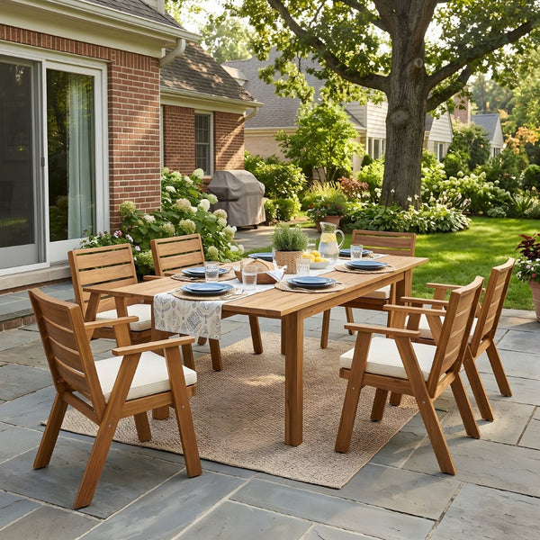 English Elm 7 Piece Solid Acacia Expandable Outdoor Dining Set with Teak Finish and Cushioned Chairs N762P467423D_N762P455581D6