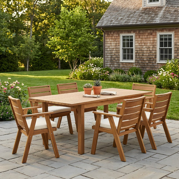 English Elm 7 Piece Solid Acacia Expandable Outdoor Dining Set with Teak Finish and Cushioned Chairs N762P467423D_N762P455581D6