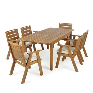 English Elm 7 Piece Solid Acacia Expandable Outdoor Dining Set with Teak Finish and Cushioned Chairs N762P467423D_N762P455581D6