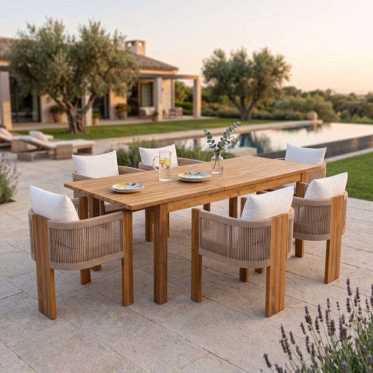 English Elm 7‑Piece Solid Acacia Teak Outdoor Dining Set Expandable Table and Six Rope Armchairs N762P467423D_N762P506194D3