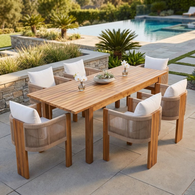 English Elm 7‑Piece Solid Acacia Teak Outdoor Dining Set Expandable Table and Six Rope Armchairs N762P467423D_N762P506194D3
