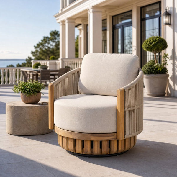 English Elm Patio Swivel Barrel Chair Acacia Teak Base Woven Rope Seat Outdoor Lounge 400Lb N762P468439A