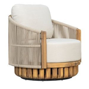 English Elm Patio Swivel Barrel Chair Acacia Teak Base Woven Rope Seat Outdoor Lounge 400Lb N762P468439A