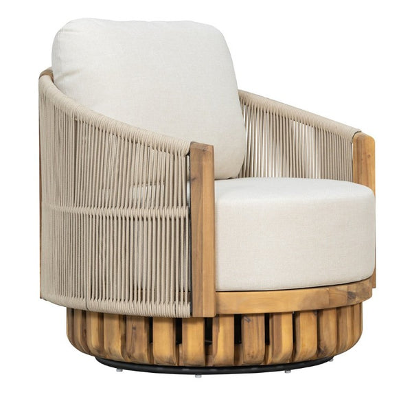 English Elm Patio Swivel Barrel Chair Acacia Teak Base Woven Rope Seat Outdoor Lounge 400Lb N762P468439A