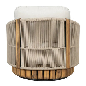 English Elm Patio Swivel Barrel Chair Acacia Teak Base Woven Rope Seat Outdoor Lounge 400Lb N762P468439A