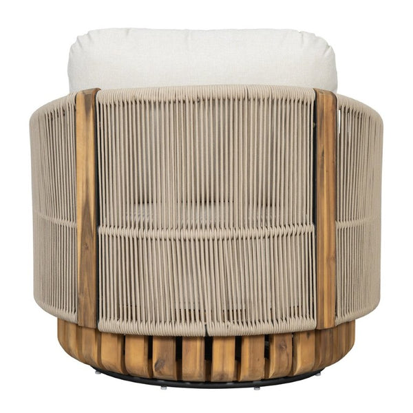 English Elm Patio Swivel Barrel Chair Acacia Teak Base Woven Rope Seat Outdoor Lounge 400Lb N762P468439A